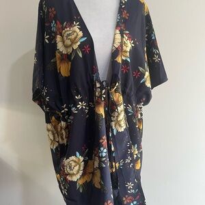 Navy Blue Earth Toned Floral Tie-Front Relaxed Fit Womens Kimono Beach Cover-up